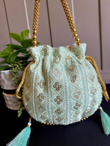 Pastel Sea Blue Color Raw Silk Light Weight Potli Bag | Embroidery and Gotta Patti Work Potli Bags | Bags for Gifts | Wedding Bags