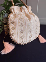 Pastel Peach Color Raw Silk Light Weight Potli Bag | Embroidery and Gotta Patti Work Potli Bags | Bags for Gifts | Wedding Bags