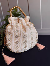 Pastel Peach Color Raw Silk Light Weight Potli Bag | Embroidery and Gotta Patti Work Potli Bags | Bags for Gifts | Wedding Bags