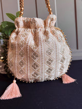 Pastel Peach Color Raw Silk Light Weight Potli Bag | Embroidery and Gotta Patti Work Potli Bags | Bags for Gifts | Wedding Bags