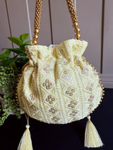 Pastel Yellow Color Raw Silk Light Weight Potli Bag | Embroidery and Gotta Patti Work Potli Bags | Bags for Gifts | Wedding Bags