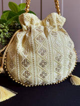 Pastel Yellow Color Raw Silk Light Weight Potli Bag | Embroidery and Gotta Patti Work Potli Bags | Bags for Gifts | Wedding Bags
