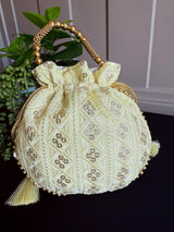 Pastel Yellow Color Raw Silk Light Weight Potli Bag | Embroidery and Gotta Patti Work Potli Bags | Bags for Gifts | Wedding Bags