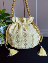 Pastel Yellow Color Raw Silk Light Weight Potli Bag | Embroidery and Gotta Patti Work Potli Bags | Bags for Gifts | Wedding Bags