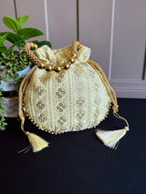 Pastel Yellow Color Raw Silk Light Weight Potli Bag | Embroidery and Gotta Patti Work Potli Bags | Bags for Gifts | Wedding Bags