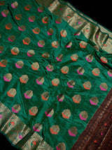 Handmade Green Color Banarasi Handloom Cotton Silk Saree with Antique Zari Weave and Meenakari Work with Banarasi Borders | No Blouse
