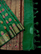 Handmade Green Color Banarasi Handloom Cotton Silk Saree with Antique Zari Weave and Meenakari Work with Banarasi Borders | No Blouse