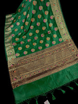 Handmade Green Color Banarasi Handloom Cotton Silk Saree with Antique Zari Weave and Meenakari Work with Banarasi Borders | No Blouse