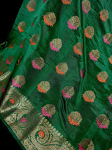 Handmade Green Color Banarasi Handloom Cotton Silk Saree with Antique Zari Weave and Meenakari Work with Banarasi Borders | No Blouse