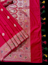 Deep Rani Pink Color Soft Banarasi Silk Saree with Meenakari Work | Paithani Style Borders | Muted Gold Zari Weave
