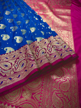 Royal Blue with Dark Pink Color Traditional Handloom Banarasi Saree with Satin Border | Muted Gold Zari Weave | Handwoven Sarees