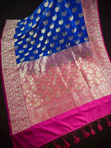 Royal Blue with Dark Pink Color Traditional Handloom Banarasi Saree with Satin Border | Muted Gold Zari Weave | Handwoven Sarees