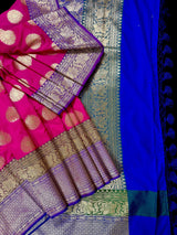 Magenta Pink with Green and Blue color combination Traditional Satin Border Banarasi Handloom Soft Silk Saree