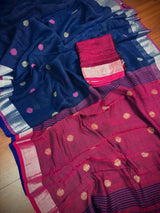 Pure Khaadi Cotton blend with Linen in Navy Blue and Purple Pink Color Saree with Sliver Zari Borders | Cotton and Linen Sarees