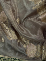 Statement English Grey Color Banarasi Dupion Silk Saree in Slate Grey Color with Green Color and Muted Gold Zari