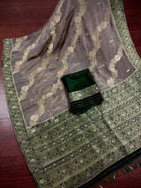 Statement English Grey Color Banarasi Dupion Silk Saree in Slate Grey Color with Green Color and Muted Gold Zari