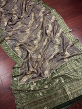 Statement English Grey Color Banarasi Dupion Silk Saree in Slate Grey Color with Green Color and Muted Gold Zari