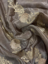 Statement English Grey Color Banarasi Dupion Silk Saree in Slate Grey Color with Green Color and Muted Gold Zari