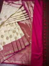 Cream Off White Color Traditional Banarasi Silk Handloom Saree Satin Patta Border in Pink Color | Floral Saree