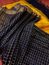 Black and Mustard Yellow Pure Raw Silk Saree with Temple Borders with Checks | Handwoven Saree | SILK MARK CERTIFIED