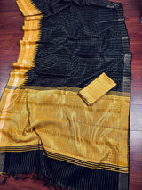 Black and Mustard Yellow Pure Raw Silk Saree with Temple Borders with Checks | Handwoven Saree | SILK MARK CERTIFIED