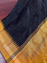Black and Mustard Yellow Pure Raw Silk Saree with Temple Borders with Checks | Handwoven Saree | SILK MARK CERTIFIED