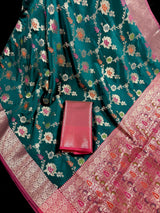 Statement Handmade Rama Green Color Banarasi Semi Katan Silk Saree with Meenakari and Muted Gold Zari Weave with Floral Jaal