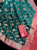 Statement Handmade Rama Green Color Banarasi Semi Katan Silk Saree with Meenakari and Muted Gold Zari Weave with Floral Jaal