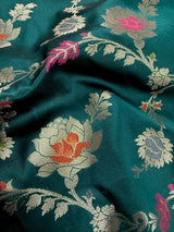 Statement Handmade Rama Green Color Banarasi Semi Katan Silk Saree with Meenakari and Muted Gold Zari Weave with Floral Jaal