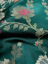Statement Handmade Rama Green Color Banarasi Semi Katan Silk Saree with Meenakari and Muted Gold Zari Weave with Floral Jaal