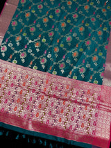 Statement Handmade Rama Green Color Banarasi Semi Katan Silk Saree with Meenakari and Muted Gold Zari Weave with Floral Jaal