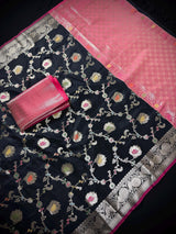 Statement Handmade Black Color Banarasi Semi Katan Silk Saree with Meenakari and Muted Gold Zari Weave with Floral Jaal
