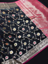 Statement Handmade Black Color Banarasi Semi Katan Silk Saree with Meenakari and Muted Gold Zari Weave with Floral Jaal