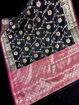 Statement Handmade Black Color Banarasi Semi Katan Silk Saree with Meenakari and Muted Gold Zari Weave with Floral Jaal