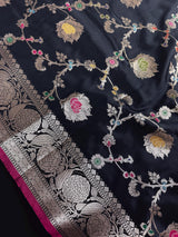 Statement Handmade Black Color Banarasi Semi Katan Silk Saree with Meenakari and Muted Gold Zari Weave with Floral Jaal