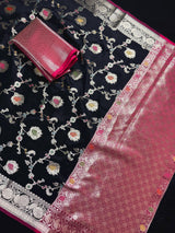 Statement Handmade Black Color Banarasi Semi Katan Silk Saree with Meenakari and Muted Gold Zari Weave with Floral Jaal