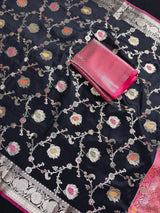 Statement Handmade Black Color Banarasi Semi Katan Silk Saree with Meenakari and Muted Gold Zari Weave with Floral Jaal