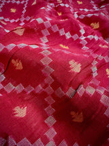Red Color Bengal Linen Jamdani Handwoven Saree in Patola deisgn with Sliver Zari and Meenakari | Tissue Pallu | Linen Saree | Gift for Her