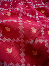 Red Color Bengal Linen Jamdani Handwoven Saree in Patola deisgn with Sliver Zari and Meenakari