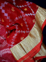 Red Color Bengal Linen Jamdani Handwoven Saree in Patola deisgn with Sliver Zari and Meenakari