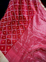 Red Color Bengal Linen Jamdani Handwoven Saree in Patola deisgn with Sliver Zari and Meenakari