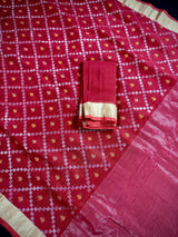 Red Color Bengal Linen Jamdani Handwoven Saree in Patola deisgn with Sliver Zari and Meenakari