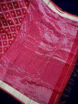 Red Color Bengal Linen Jamdani Handwoven Saree in Patola deisgn with Sliver Zari and Meenakari | Tissue Pallu | Linen Saree | Gift for Her