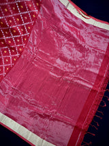 Red Color Bengal Linen Jamdani Handwoven Saree in Patola deisgn with Sliver Zari and Meenakari