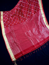 Red Color Bengal Linen Jamdani Handwoven Saree in Patola deisgn with Sliver Zari and Meenakari