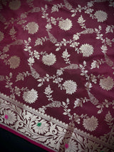 Statement Handmade Burgundy Color Semi Katan Banarasi Silk Saree | Soft Katan Sarees | Ships from California