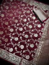 Statement Handmade Burgundy Color Semi Katan Banarasi Silk Saree | Soft Katan Sarees | Ships from California