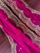Deep Fuchsia Pink Color Net Dupatta with Zari, Sequin and Beads | Pink Color Dupatta | Sequin Dupatta | Indian Dupatta for Lehanga