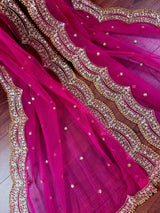 Deep Fuchsia Pink Color Net Dupatta with Zari, Sequin and Beads | Pink Color Dupatta | Sequin Dupatta | Indian Dupatta for Lehanga