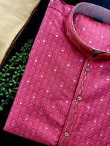 Strawberry Pink Color Soft Raw Silk Men Kurta Pajama Self Design and tiny Zari Weave | Party Wear Men Ethnic Wear | Wedding Wear Kurta